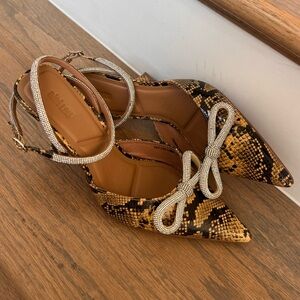 Anthropologie BibiLou Alessia Jeweled Bow Heel Tan Black Snake Emboss